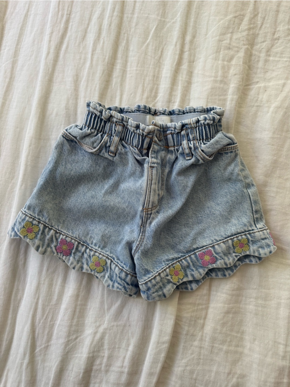 Zara Light Blue Denim Shorts with Pink & Yellow Floral Trim